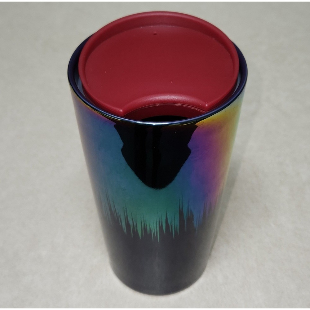 Starbucks Iridescent Oil Slick Ceramic Travel Tumbler Mug 12oz Red Lid BUB20 - Picture 2 of 5